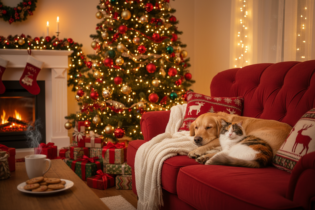 gör en julig bild med en hund och en katt i soffan de ska vara till höger i bilden